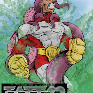 Dibujo superheroe luchando con pulpo
