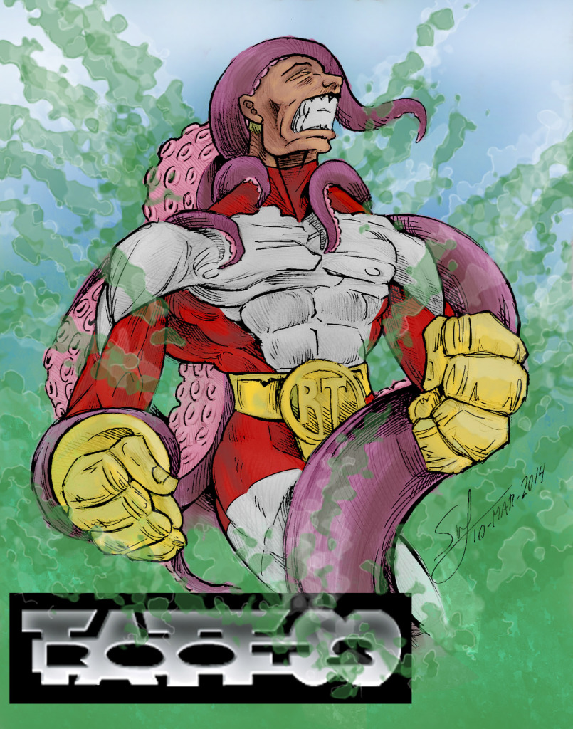 Dibujo superheroe luchando con pulpo
