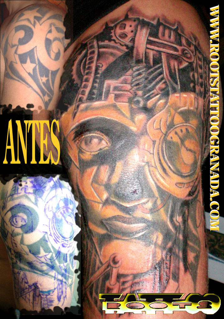 ARREGLO DE TATUAJE DE ESTRELLAS CON ROSTRO BIOMECÁNICO