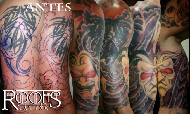 Máscaras japonesas con viento, nubes y sol naciente
