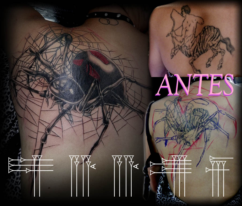 Black widow cover tattoo