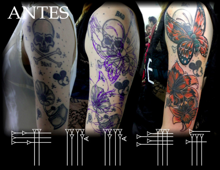 Tapado de tatuaje de calavera y gramola