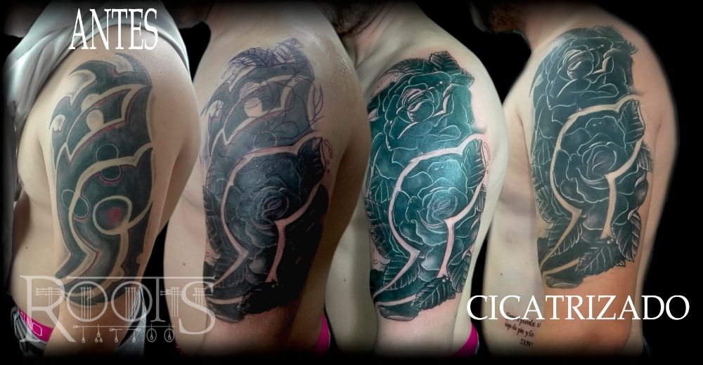 Tattoo tribal rojo y negro tapado con rosas
