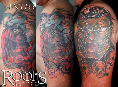 Etapas de un tapado de tatuaje muy difícil a color