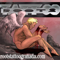 Diseño flash angel caido entre ruinas, Serafin Rabe, estudio de tatuajes en Granada Roots Tattoo