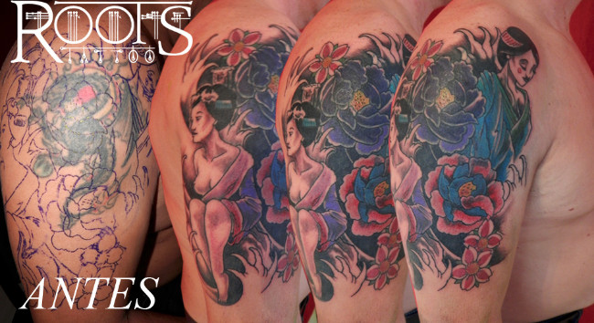 Cómo se puede tapar un tatuaje viejo de un dragón con flores y geishas