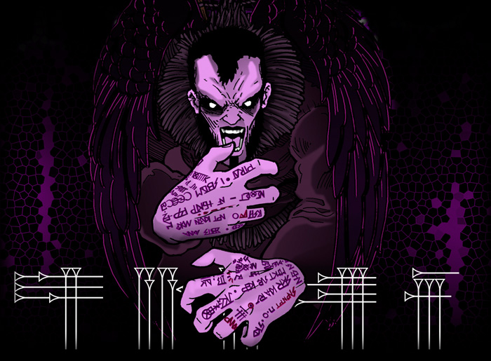 Ilustración oscura personaje con manos tatuadas