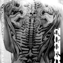 Tatuaje espalda biomecánica, máscaras, alas y costillas, calavera, espalda completa, backpiece, Roots Tattoo Granada