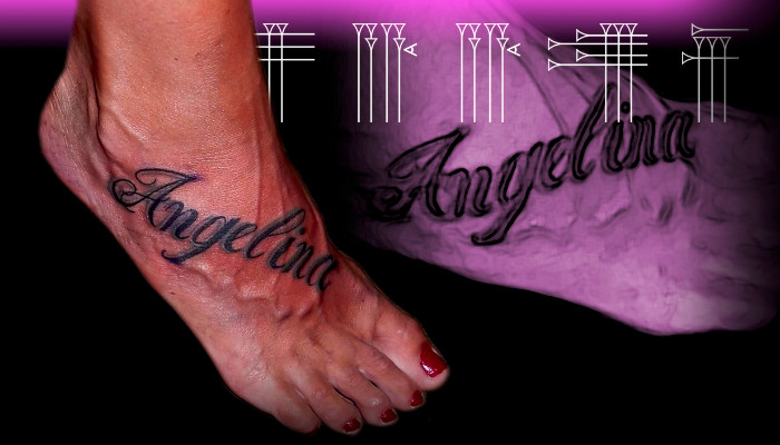Lettering tattoo on feets