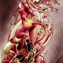 Diseño Flash para tatuajes mujer diablo o diablesa sobre calavera con espíritus, Serafín Rabé, Roots Tattoo Granada, Spain