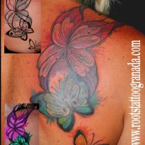 tapado de tatuaje de duende irlandes con mariposas a color estilo propio serafin rabe coverup roots tattoo granada